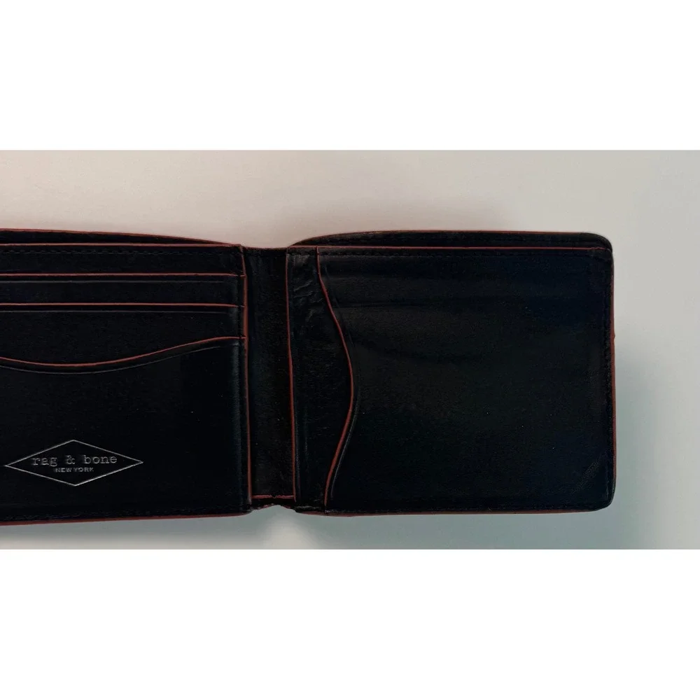 Rag & Bone Mens Black Leather Bifold Wallet with Red Contrast Edge